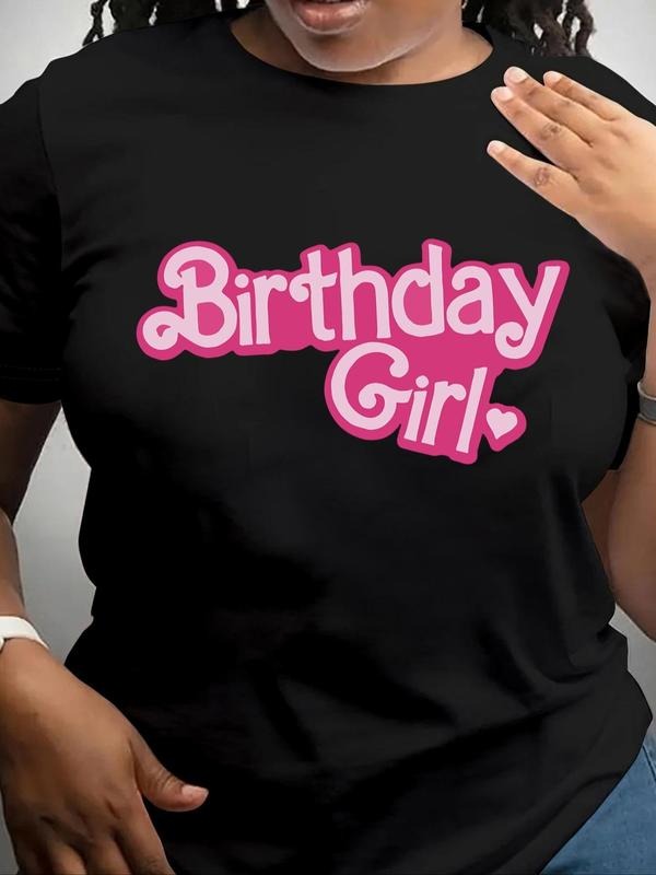 Women's "Birthday Girl" Letter & Heart Print Round Neck Tee, Fashion Casual Crew Neck Short Sleeve T-shirt for Daily...