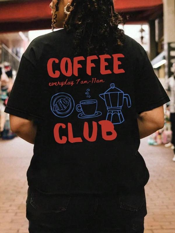 Women's "COFFEE CLUB" Casual Loose-Fit Coffee Print Round Neck Short Sleeve T-Shirt, All-Season Fashionable Top,...