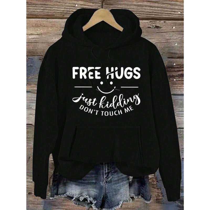 Women's  Casual "Free Hugs" Letter Print Hoodie - Purple Long Sleeve Sweatshirt With Drawstring, Smiling Face Design,...