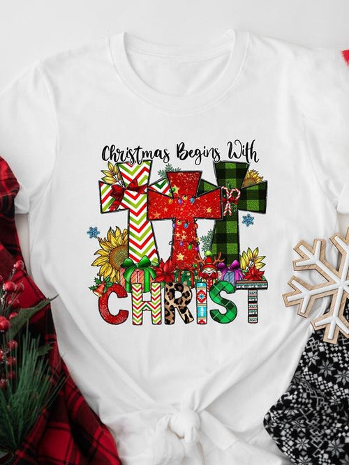 Women's "Christmas Begins With CHRIST" Graphic T-Shirt, Colorful Cross and Holiday Design Tee for Christmas Church...