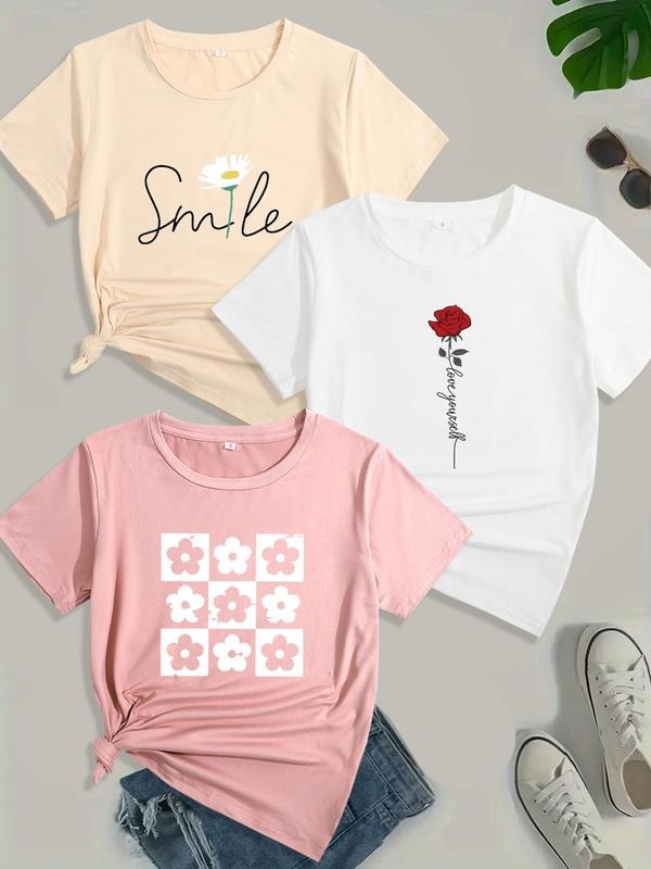 Women's  Flower Print Round Neck Tee, Trendy Casual Short Sleeve T-shirt for Daily Wear, Ladies All Seasons Wear Hoodie,...