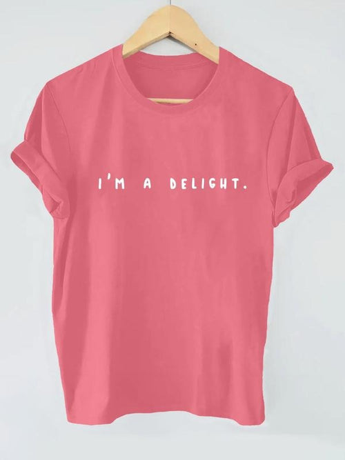 Women's "I'M A DELIGHT" Letter Print Round Neck Tee, Vintage Trendy Casual Short Sleeve T-shirt for Daily Wear, Ladies...