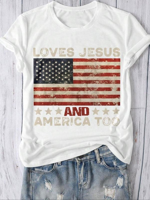 Women's "LOVES JESUS & AMERICA" Letter Print Round Neck Tee, Vintage Trendy Casual Short Sleeve T-shirt for Daily Wear,...