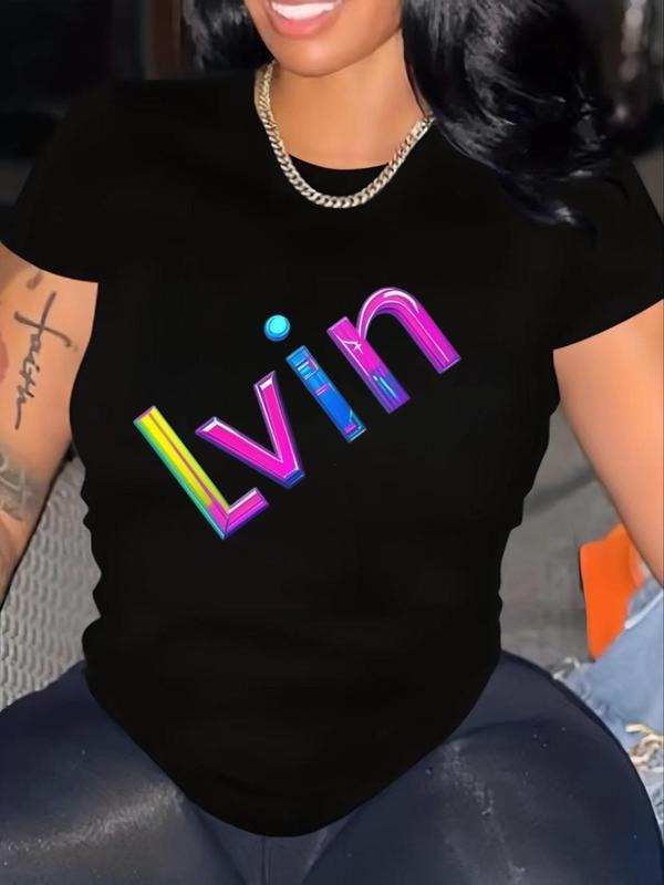 Women's "LVIN" Print Crop Tee, Casual Street Soft Comfortable Short Sleeve T-shirt for Daily Wear, Ladies Clothes for All...