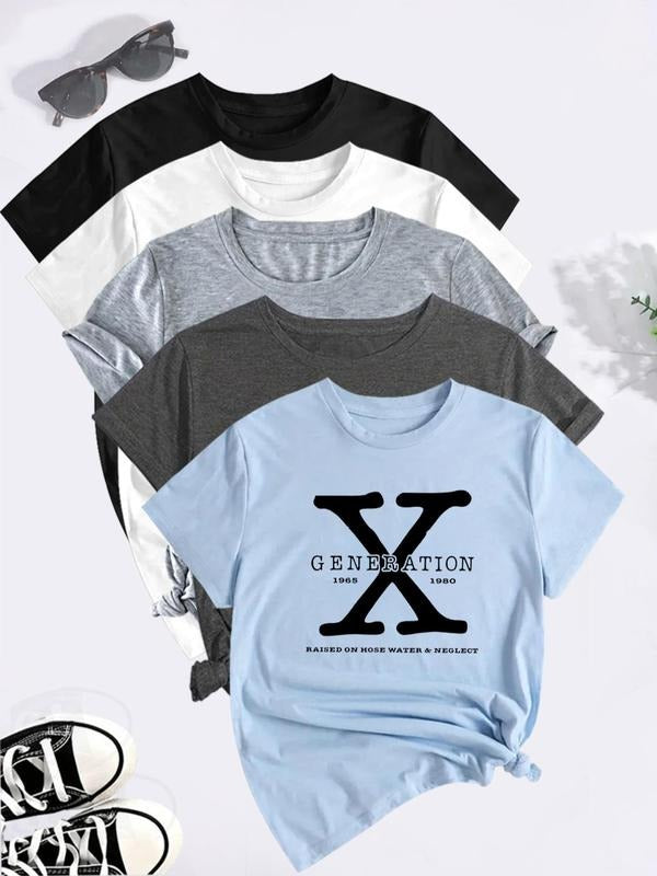 Women's  Letter Print Round Neck Tee, Casual Short Sleeve Crew Neck T-shirt for Summer, Fashion Women's Top for Daily...