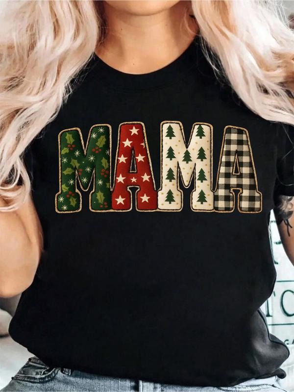 Women's "MAMA" Christmas Graphic T-Shirt, Funny Holiday Letter Print with Holly and Tree, Soft Cotton Tee for Mom,...