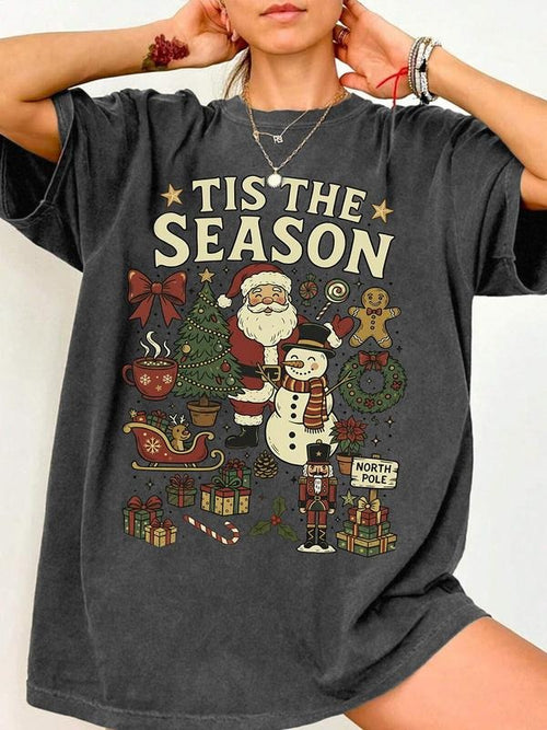 Women's "Tis The Season" Christmas Graphic T-Shirt, Vintage Holiday Design with Santa, Snowman and Reindeer, Soft Tee for...