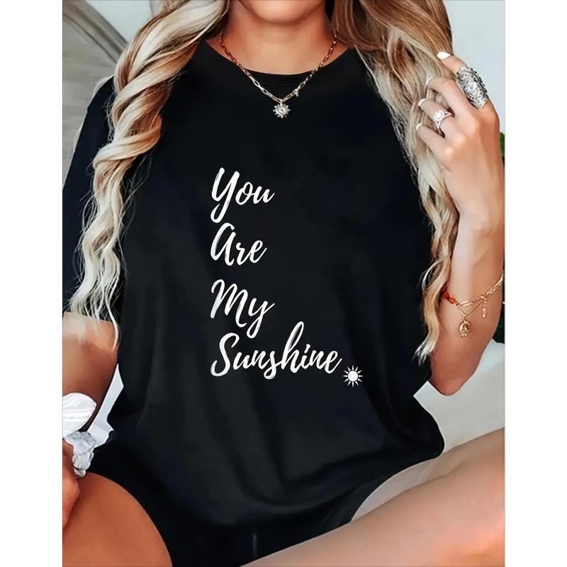 Women's "You Are My Sunshine" Graphic T-Shirt - Black Crew-Neck Short Sleeve Tee with White Lettering & Sun Print,...