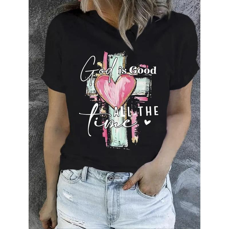 Women's 100% Cotton Casual T-Shirt with Inspirational "God is Good All The Time" Print, Loose Fit Round Neck Short...