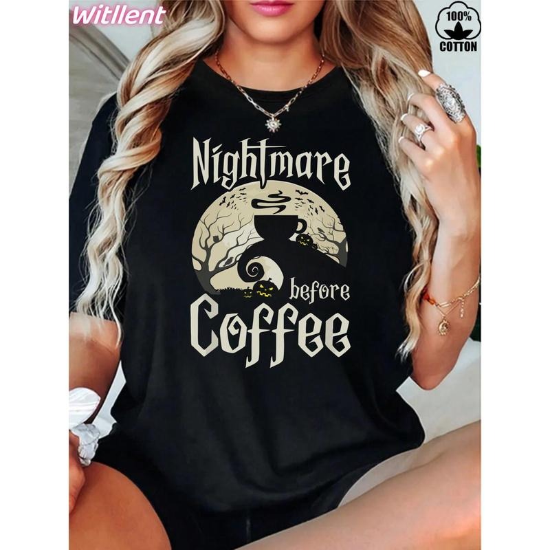 Women's 100% Cotton Nightmare Before Coffee T-Shirt Funny Gifts, Women's Christmas 220g Heavy Cotton T-Shirt (1 PC)...