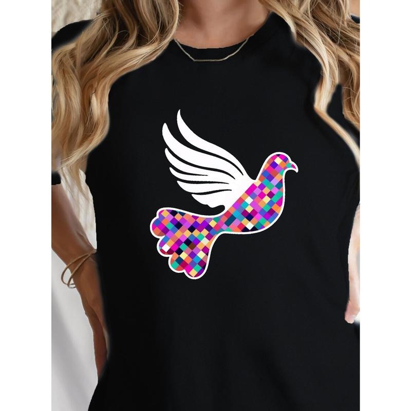 Women's 100% T-Shirt with Vibrant Geometric Dove of Peace Design - Soft Breathable Regular Fit Casual Round Neck Top,...