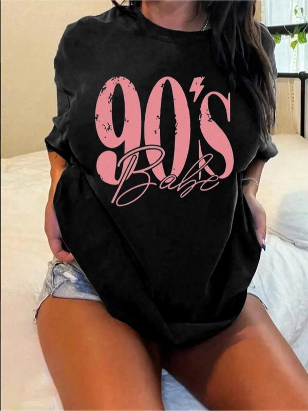 Women's 90's BABY Print Oversized Round Neck Tee, Casual Short Sleeve Crew Neck T-Shirt for All Seasons, Fashion Women's...