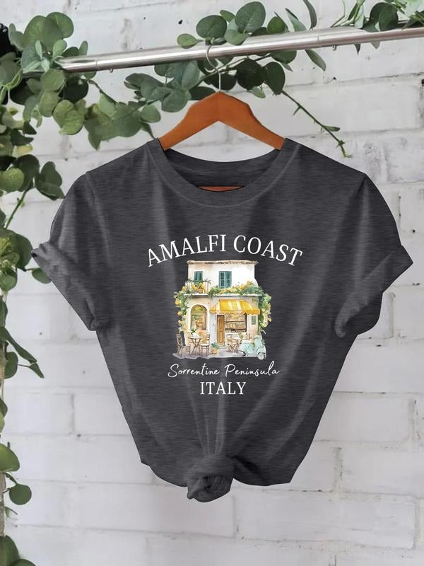 Women's Amalfi Coast Graphic Print Round Neck Tee, Fashion Casual Short Sleeve T-shirt, Ladies Summer Clothes for Daily...