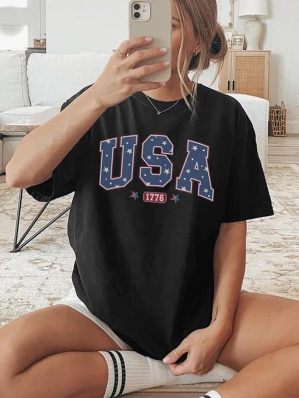 Women's American Flag Print Round Neck Tee, Casual Loose Short Sleeve T-shirt for Daily Wear, Ladies Clothes for All...