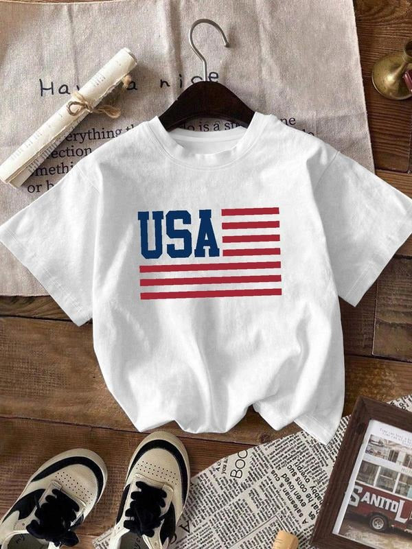 Women's American Flag Print Round Neck Tee, Casual Loose Short Sleeve T-shirt for Daily Wear, Ladies Clothes for All...