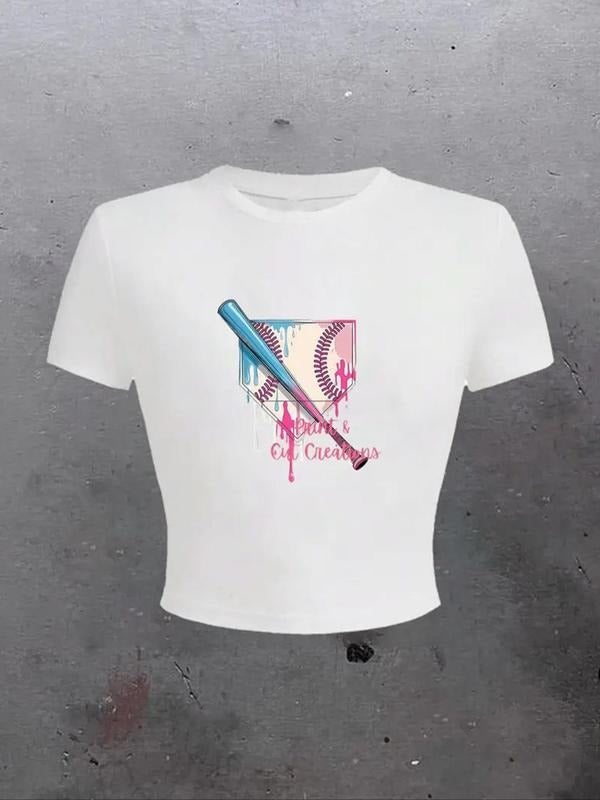 Women's Baseball Bat & Letter Print Round Neck Crop Tee, Casual Soft Comfortable Short Sleeve Crew Neck T-shirt for...