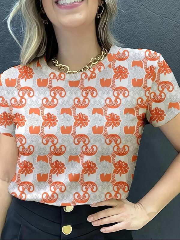 Women's Batik Print Round Neck Tee, Casual Short Sleeve Crew Neck T-shirt for Daily Wear, Ladies Clothes for All Seasons,...