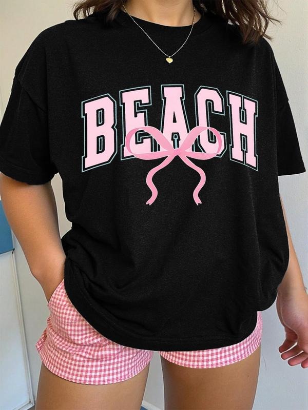 Women's Beach Letter Print Round Neck Tee, Casual Loose Short Sleeve Crew Neck T-shirt for Summer, Fashion Women's Top...