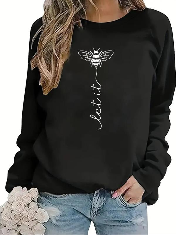 Women's Bee & Letter Print Crew Neck Pullover, Casual Long Sleeve Sweatshirt for Fall & Winter, Women's Clothes for Daily...