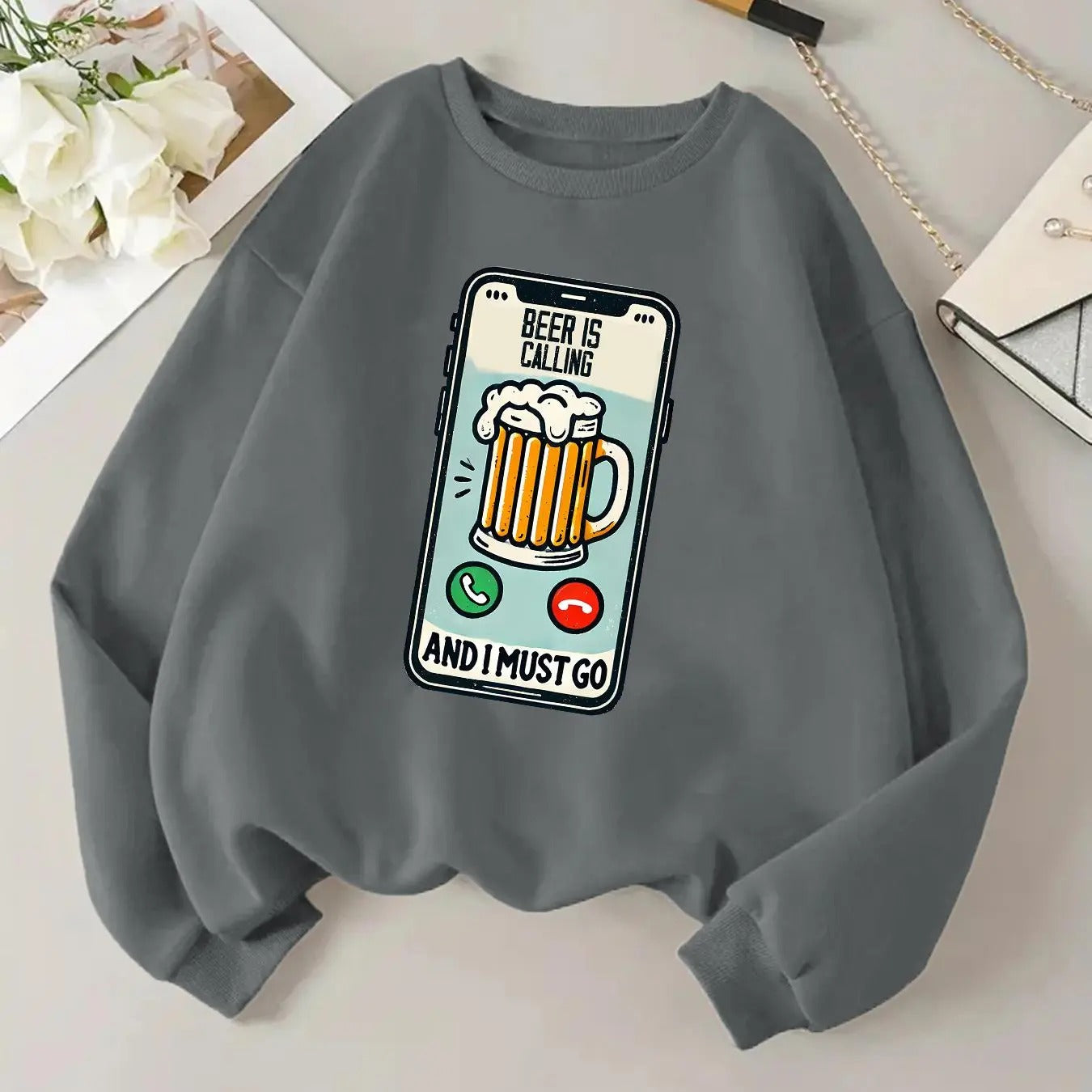 Women's Beer & Letter Print Round Neck Sweatshirt, Casual Long Sleeve Crew Neck Pullover for Daily Wear, Ladies Clothes...