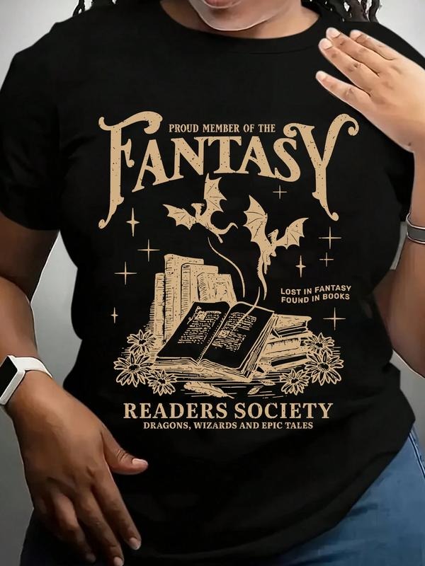 Women's Book Print Letter Graphic Round Neck Short Sleeve Casual Top, Fitted Summer T-Shirt for Daily Wear, All Seasons...