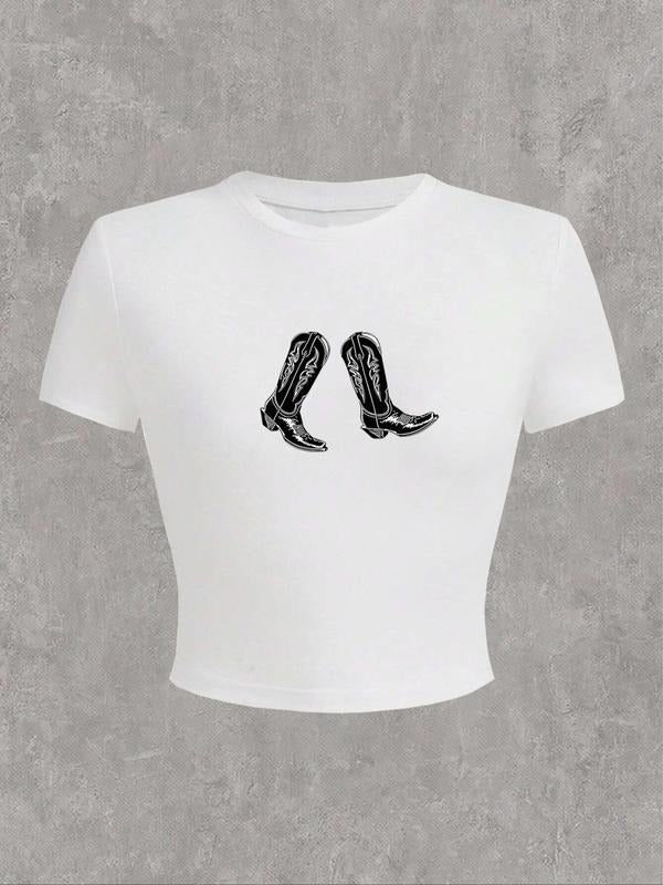 Women's Boots Print Round Neck Crop Tee, Casual Slim-fitting Short Sleeve T-shirt, Ladies Summer Clothes for Daily Wear,...