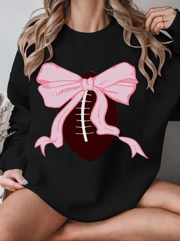 Women's Bow & Rugby Helmet Print Crew Neck Sweatshirt, Casual Long Sleeve Pullover for Fall & Winter, Women's Clothes for...