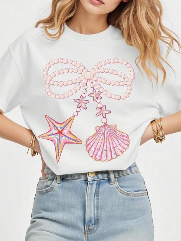 Women's Bow & Starfish & Shell Print Round Neck Tee, Trendy Casual Short Sleeve T-Shirt for Daily Wear, Ladies Summer,...