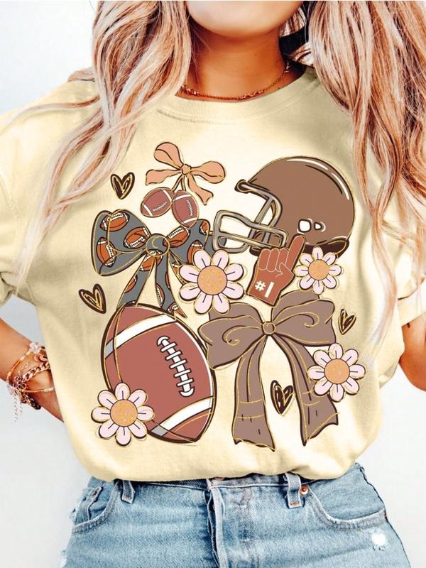 Women's Bow Helmet Rugby Flower Print Oversized Round Neck T-shirt, Casual Top for All Seasons, Fashion Women's Top for...