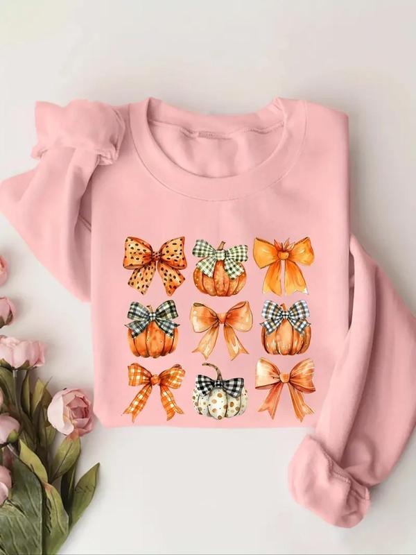 Women's Bow Print Crew Neck Pullover, Casual Long Sleeve Sweatshirt for Fall & Winter, Women's Clothes for Daily Wear...
