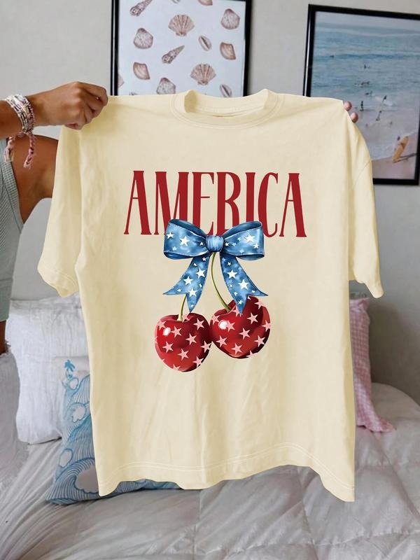 Women's Bowknot & Star Print Round Neck Tee, Trendy Casual Crew Neck Short Sleeve T-Shirt for Daily Wear, Ladies Summer,...