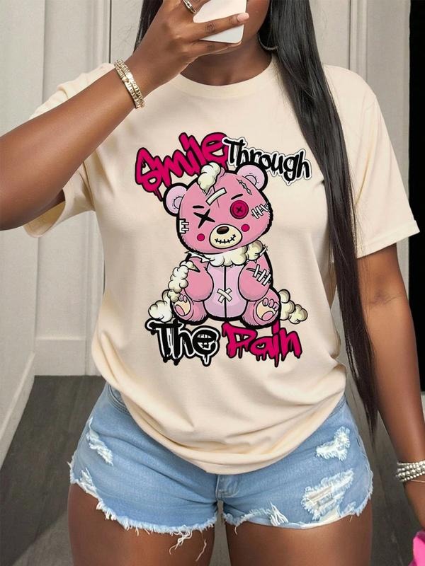 Women's Broken Bear Print Regular Fit Round Neck Washed T-shirt, Casual Basic Short Sleeve Top for All Seasons, Ladies...