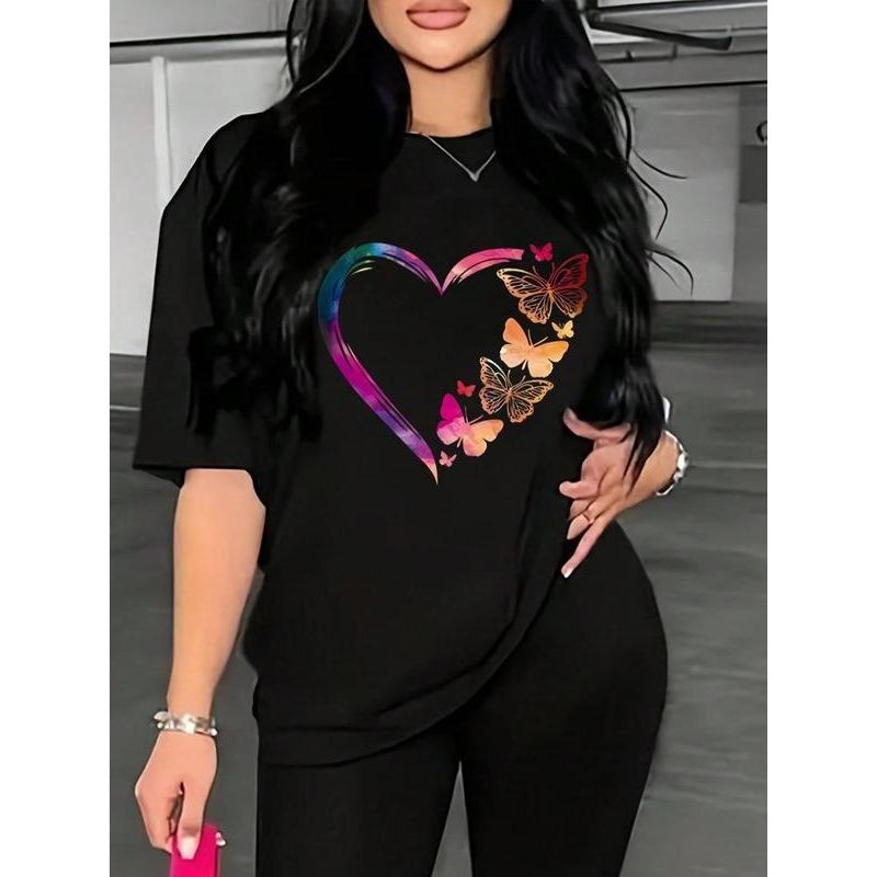 Women's Butterfly & Heart Print Drop Shoulder Tee, Fashion Casual Round Neck Half Sleeve T-Shirt for Daily Wear, Ladies...
