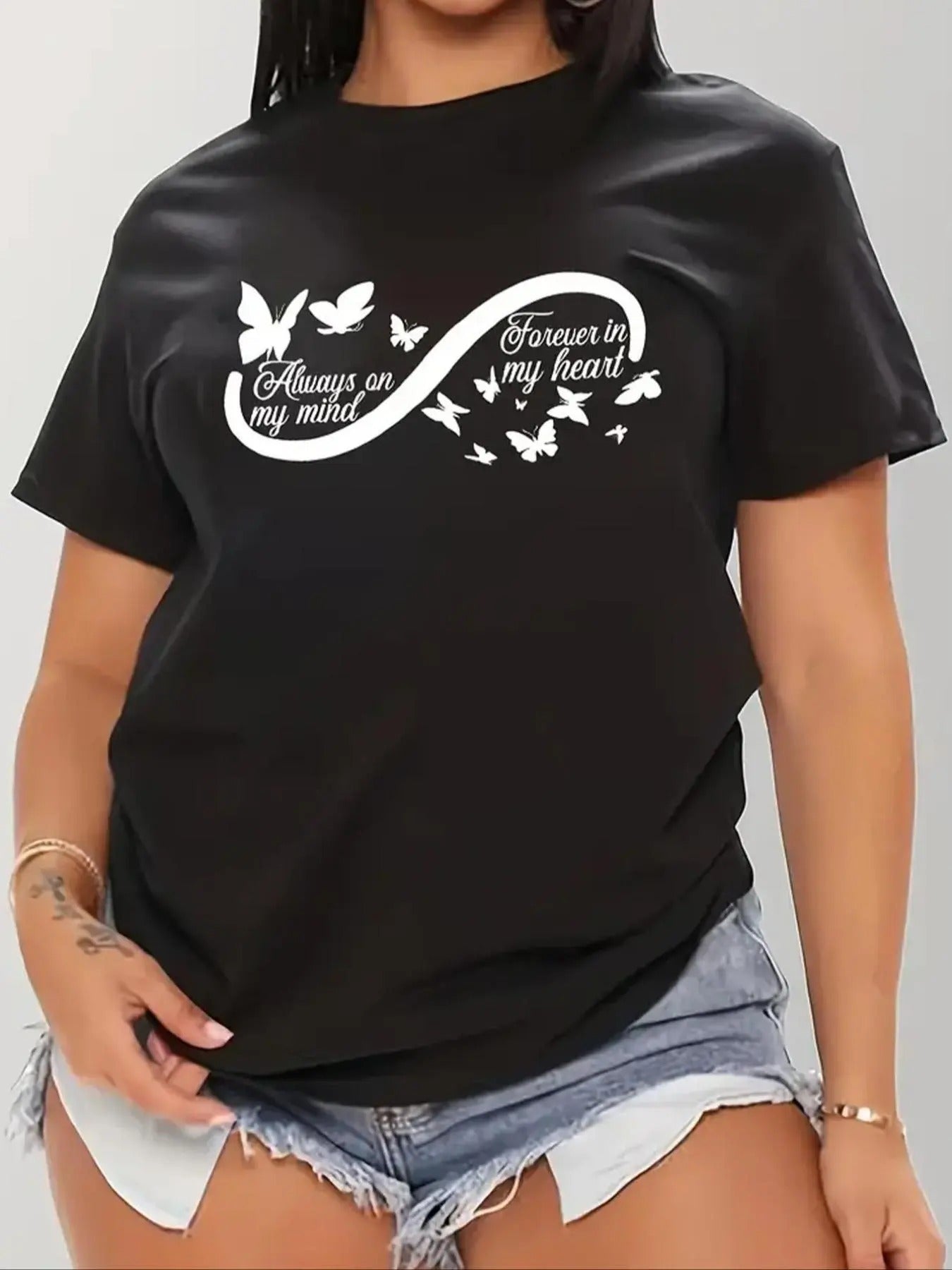 Women's Butterfly & Letter Print Round Neck Tee, Trendy Casual Short Sleeve Crew Neck T-Shirt for Daily Wear, Ladies...