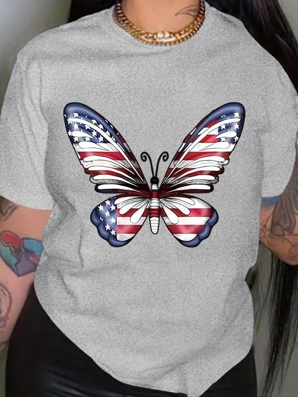 Women's Butterfly Print Round Neck Short Sleeve Tee, Trendy Casual Star & Striped Print Crew Neck T-shirt for Daily Wear,...