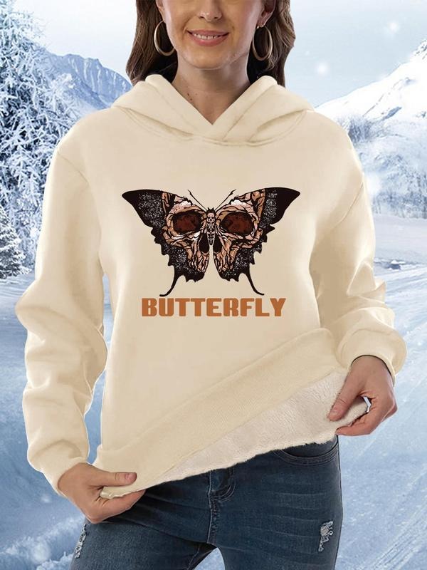 Women's Butterfly Print Thermal Lined Drop Shoulder Hoodie, Fashion Casual Long Sleeve Hooded Sweatshirt for Daily...