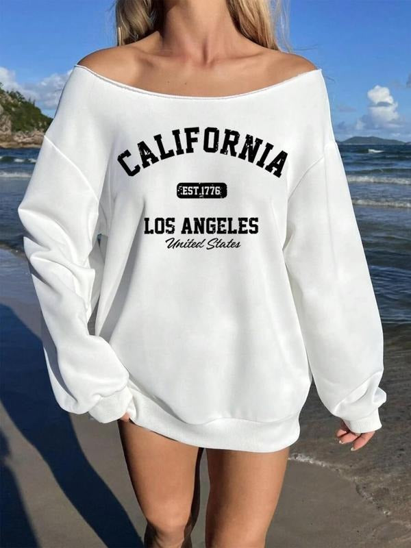 Women's California Print Crew Neck Pullover Sweatshirt, Casual Long Sleeve Shoulder Pad Top for Fall & Winter, Women's...