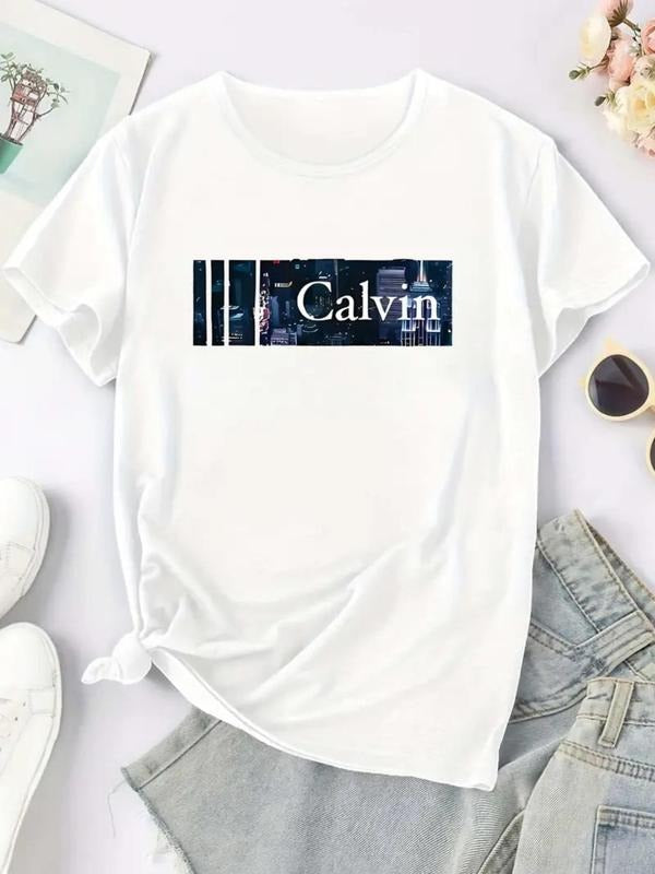Women's Calvin Print Round Neck Tee, Fashion Casual Crew Neck T-shirt for Daily Holiday Vacation Outdoor Wear, Ladies...