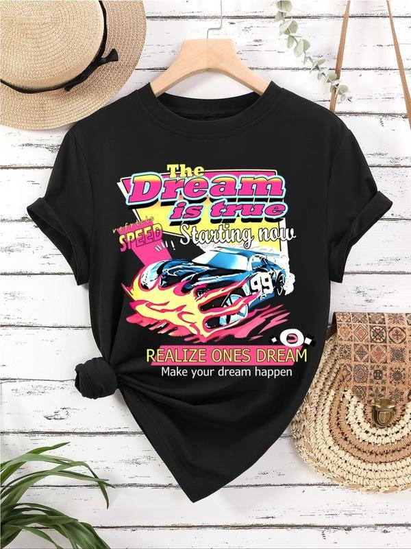 Women's Car & Letter Print Round Neck Graphic Tee, Vintage Trendy Casual Short Sleeve T-shirt for Daily Wear, Ladies All...