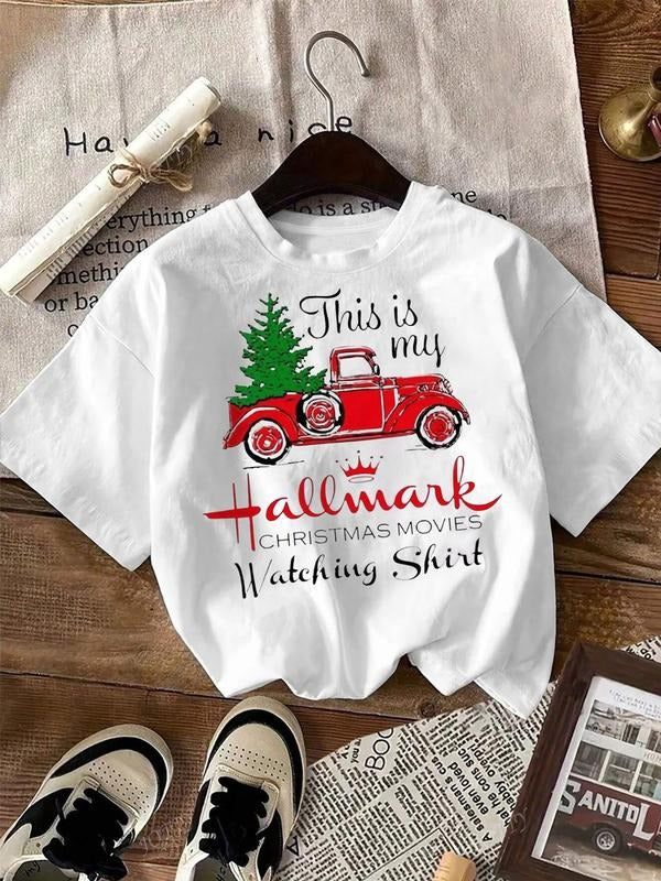 Women's Car Print & Letter Print Regular Fit Round Neck T-shirt, Casual Basic Top for All Seasons, Women's Gift for Daily...