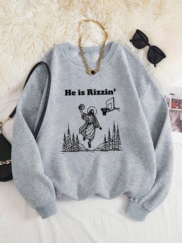 Women's Cartoon & Letter Print Drop Shoulder Sweatshirt, Casual Long Sleeve Round Neck Pullover for Fall & Winter,...