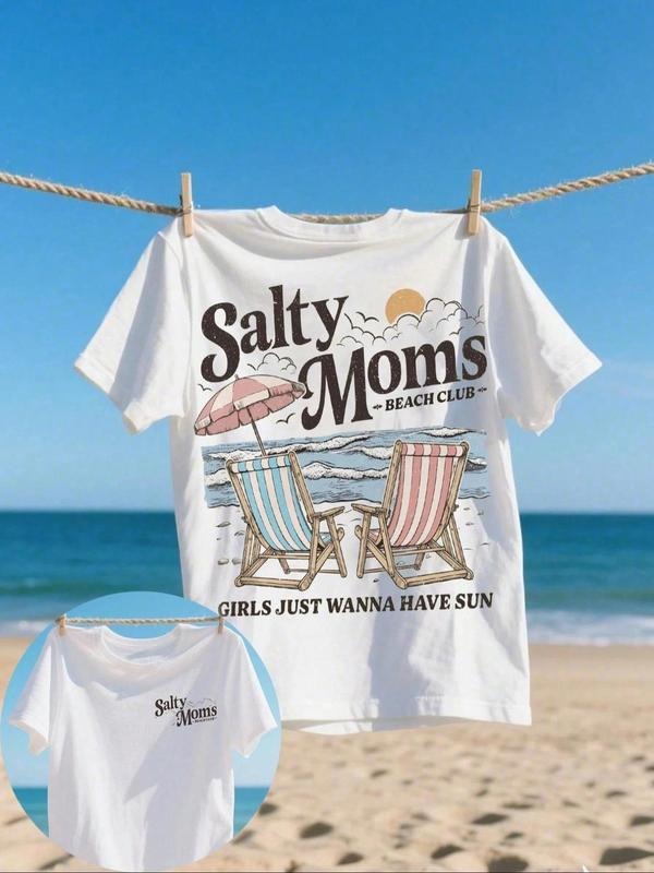 Women's Cartoon & Letter Print Round Neck Tee, Casual Short Sleeve T-shirt for Summer, Ladies Clothes for Beach Vacation,...