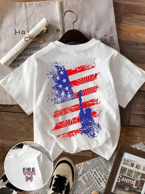 Women's Cartoon & Letter Print Round Neck Tee, Casual Y2K Style Short Sleeve T-Shirt for Summer, Ladies Clothes for Daily...