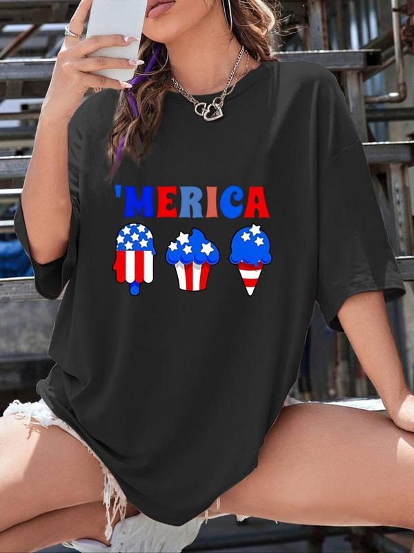 Women's Cartoon America Letter Print Round Neck Tee, Casual Comfy Drop Shoulder Half Sleeve T-shirt for Summer, Fashion...