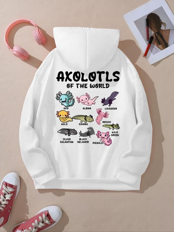 Women's Cartoon Animal & Letter Print Hoodie, Casual Long Sleeve Hooded Sweatshirt for Fall & Winter, Women's Clothes for...