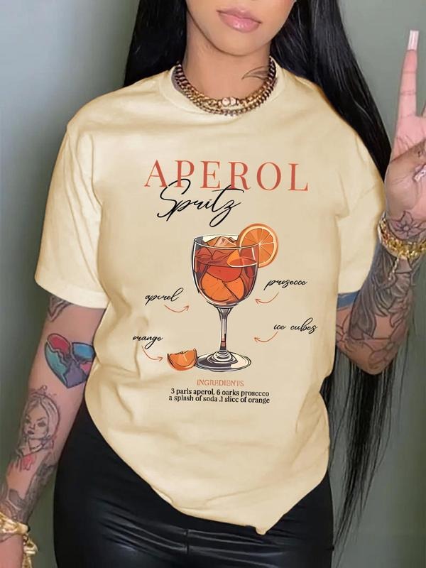 Women's Cartoon Aperol Spritz Graphic Print Round Neck Tee, Fashion Casual Short Sleeve T-shirt, Ladies Summer Clothes...