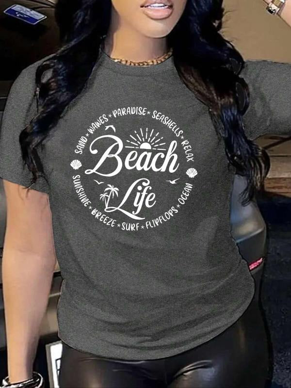 Women's Cartoon Beach Life Print Round Neck Tee, Fashion Casual Letter Graphic Crew Neck T-Shirt for Daily Holiday...
