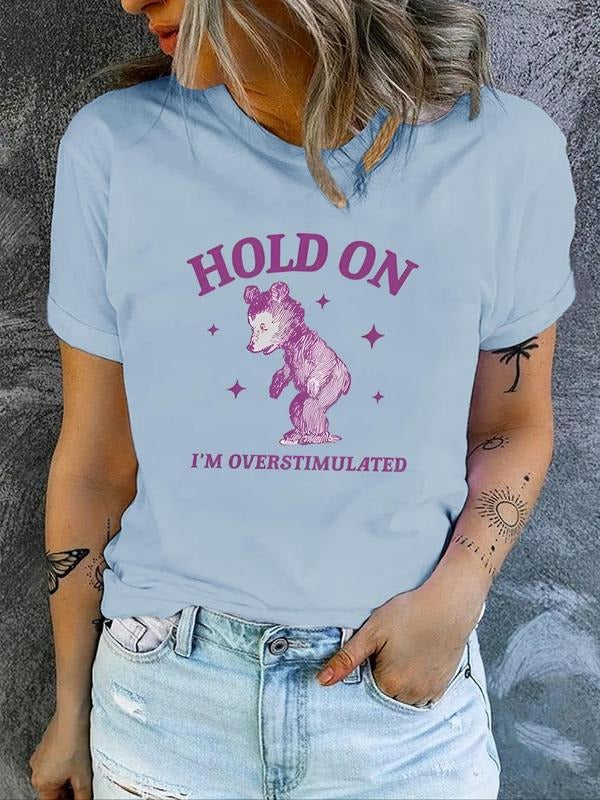 Women's Cartoon Bear & Letter Print Round Neck Tee, Fashion Casual Crew Neck T-Shirt for Daily Holiday Vacation Outdoor...