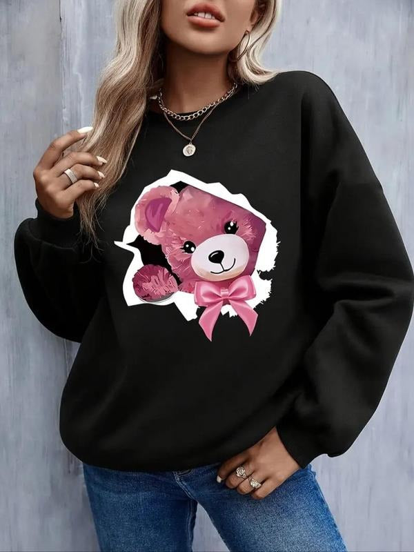 Women's Cartoon Bear Print Drop Shoulder Sweatshirt, Casual Long Sleeve Round Neck Pullover for Fall & Winter, Ladies...