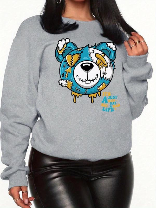 Women's Cartoon Bear Print Drop Shoulder Sweatshirt, Casual Long Sleeve Round Neck Pullover for Fall & Winter, Women's...